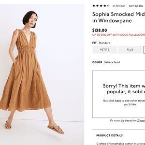 MADEWELL SOPHIA SMOCKED MIDI DRESS IN WINDOWPANE M NWT